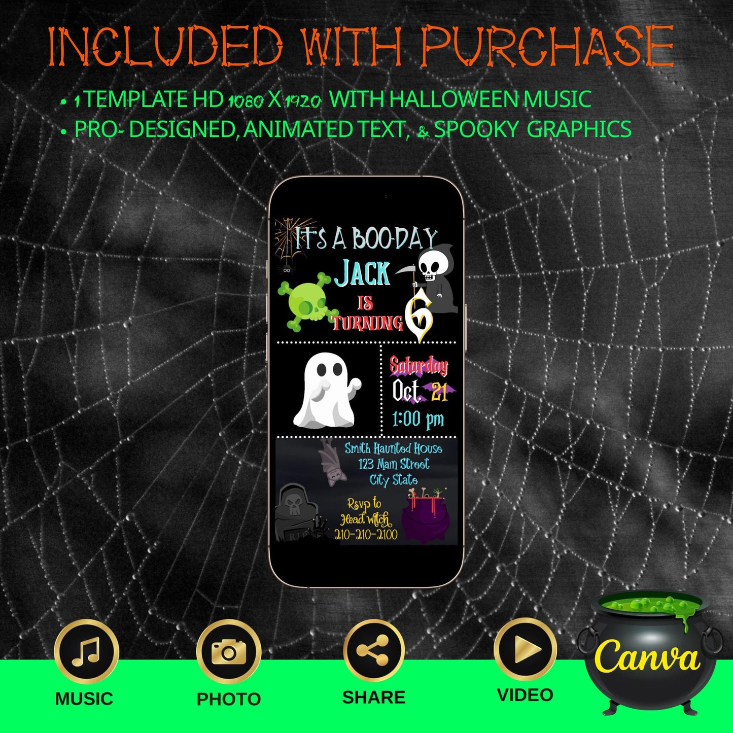 Halloween Video Invitation, Kids' Cute Ghosts Animated Invite, Editable Halloween Party Mobile Evite