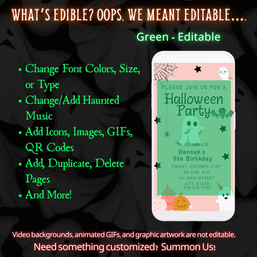 Editable Halloween video invitation with animated theme, customizable in Canva. Perfect for party invites.