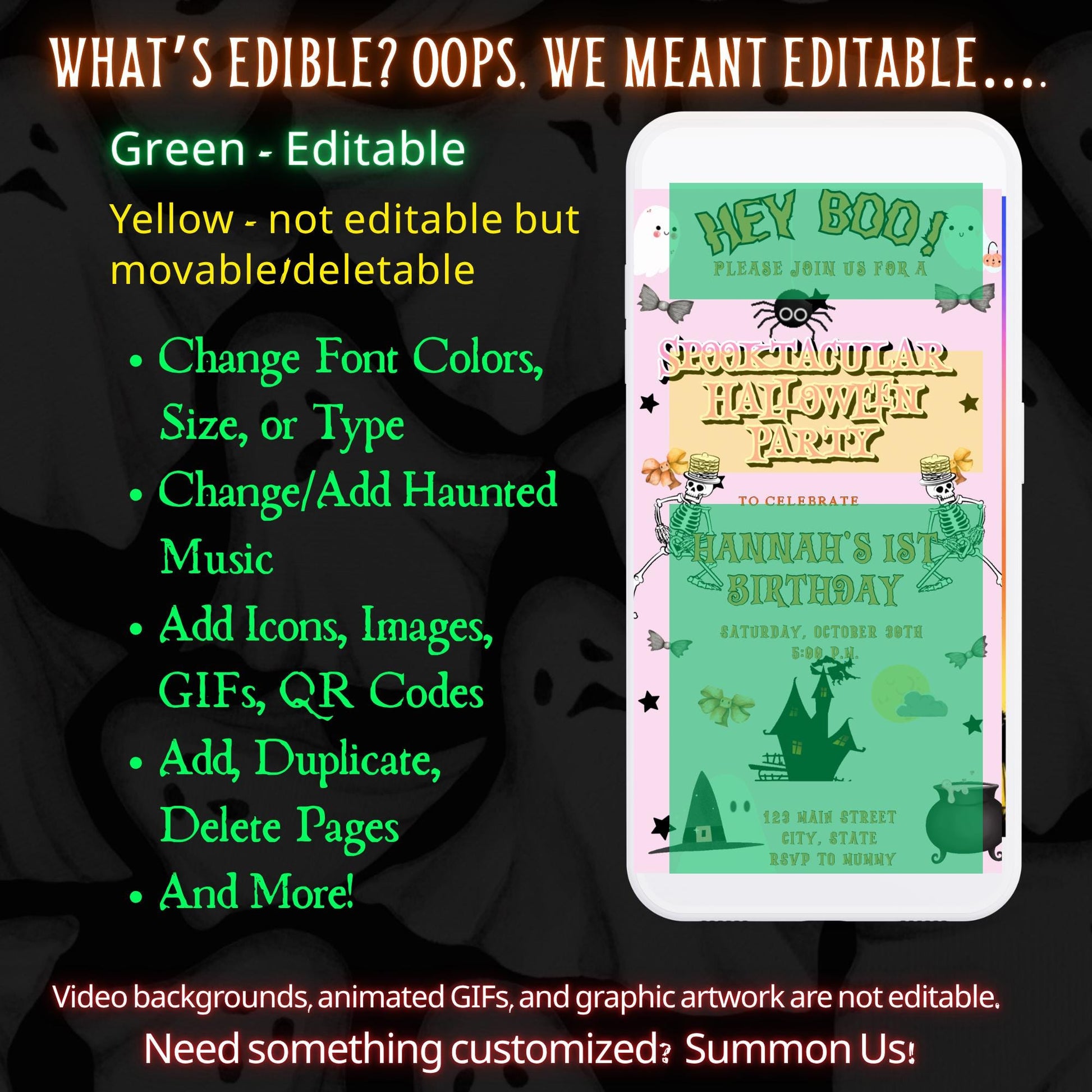 Editable Halloween video invitation with animated theme, customizable in Canva. Perfect for party invites.