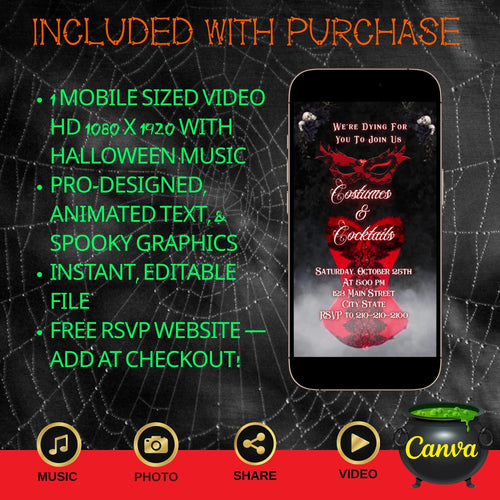 Editable Halloween video invitation with animated theme, customizable in Canva. Perfect for party invites.