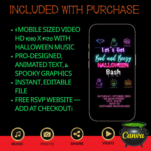 Editable Halloween video invitation with animated theme, customizable in Canva. Perfect for party invites.