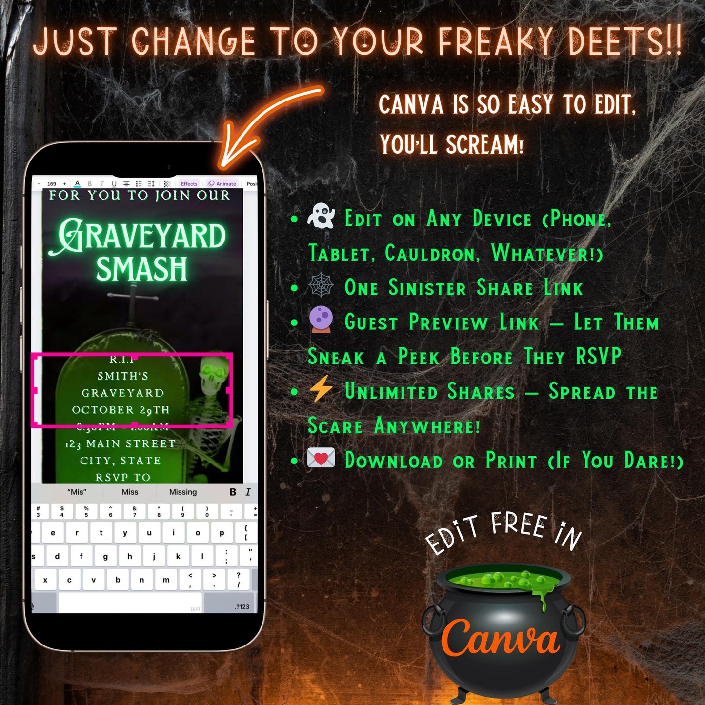 Halloween Video Invitation, Graveyard Smash Animated Invite, Editable Halloween Party Mobile Evite
