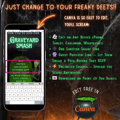 Halloween Video Invitation, Graveyard Smash Animated Invite, Editable Halloween Party Mobile Evite