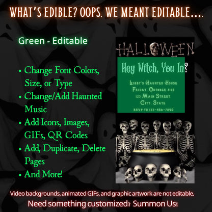 Editable Halloween video invitation with animated theme, customizable in Canva. Perfect for party invites.