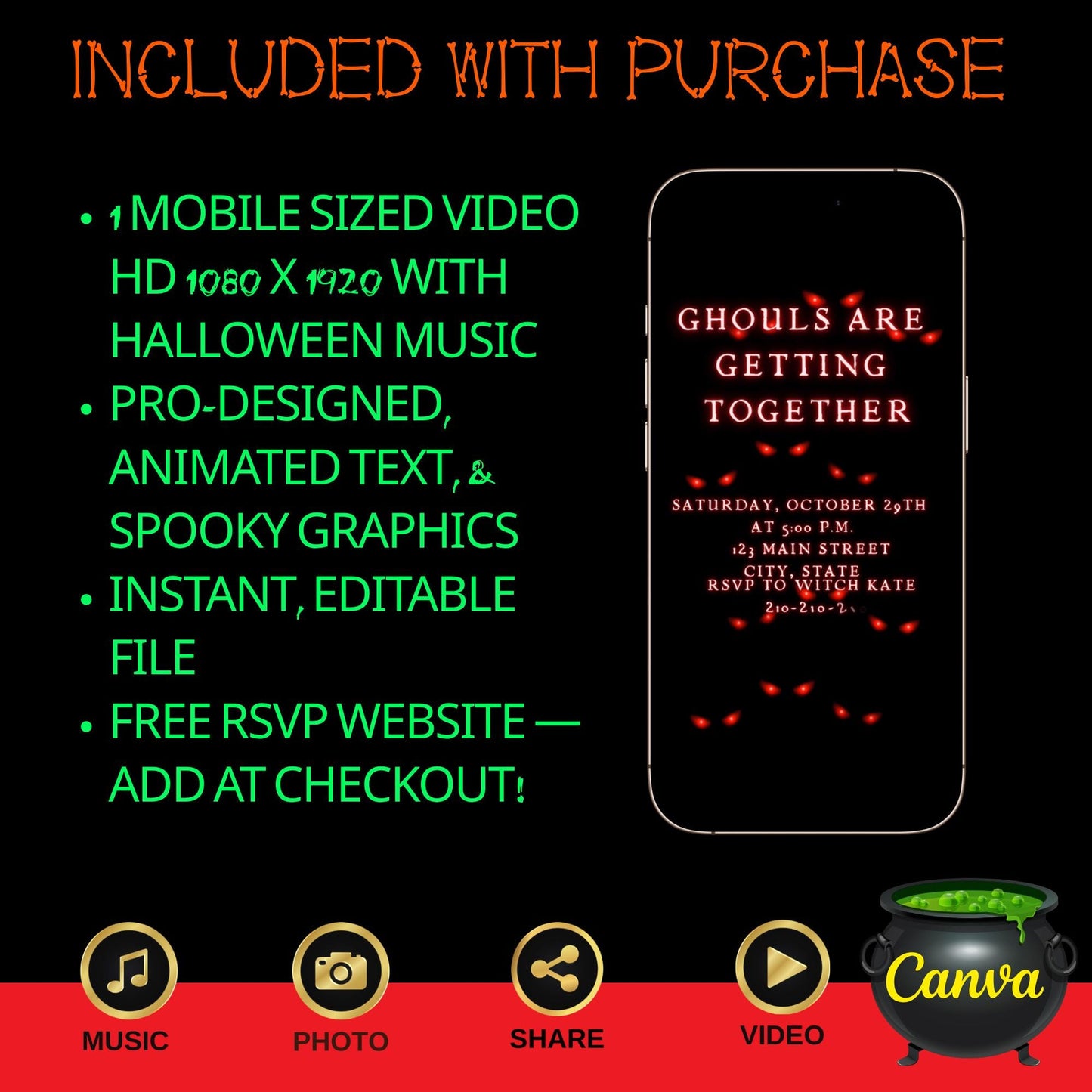 Halloween Video Invitation, Evil Eyes Animated Invite, Editable Halloween Party Mobile Evite