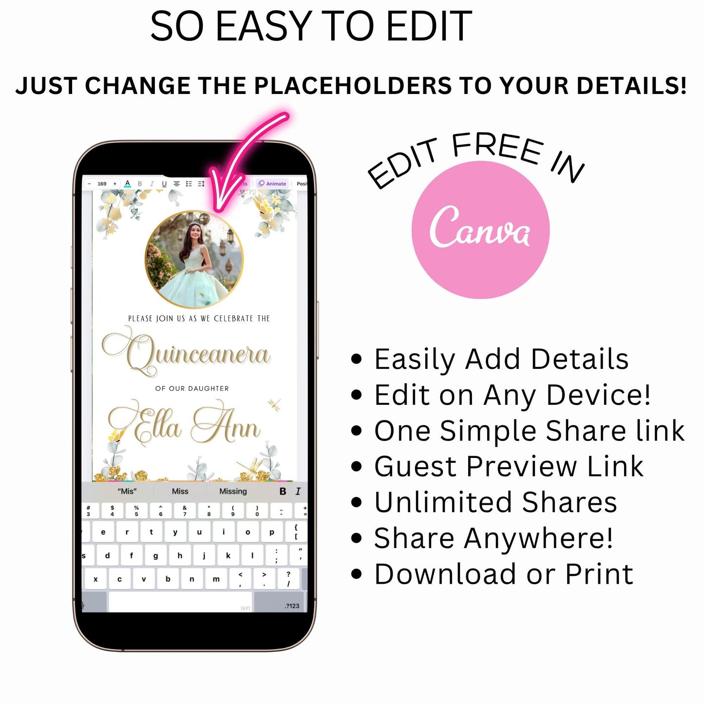 Editable Quinceañera invitation video template designed for mobile phones. Includes animated text, music, and photo customization. Perfect for Sweet 15 or Sweet 16 birthdays. Share instantly via text, WhatsApp, email, or social media. A beautiful, stunning design ideal for modern celebrations. Delivered as MP4 download—no physical item.