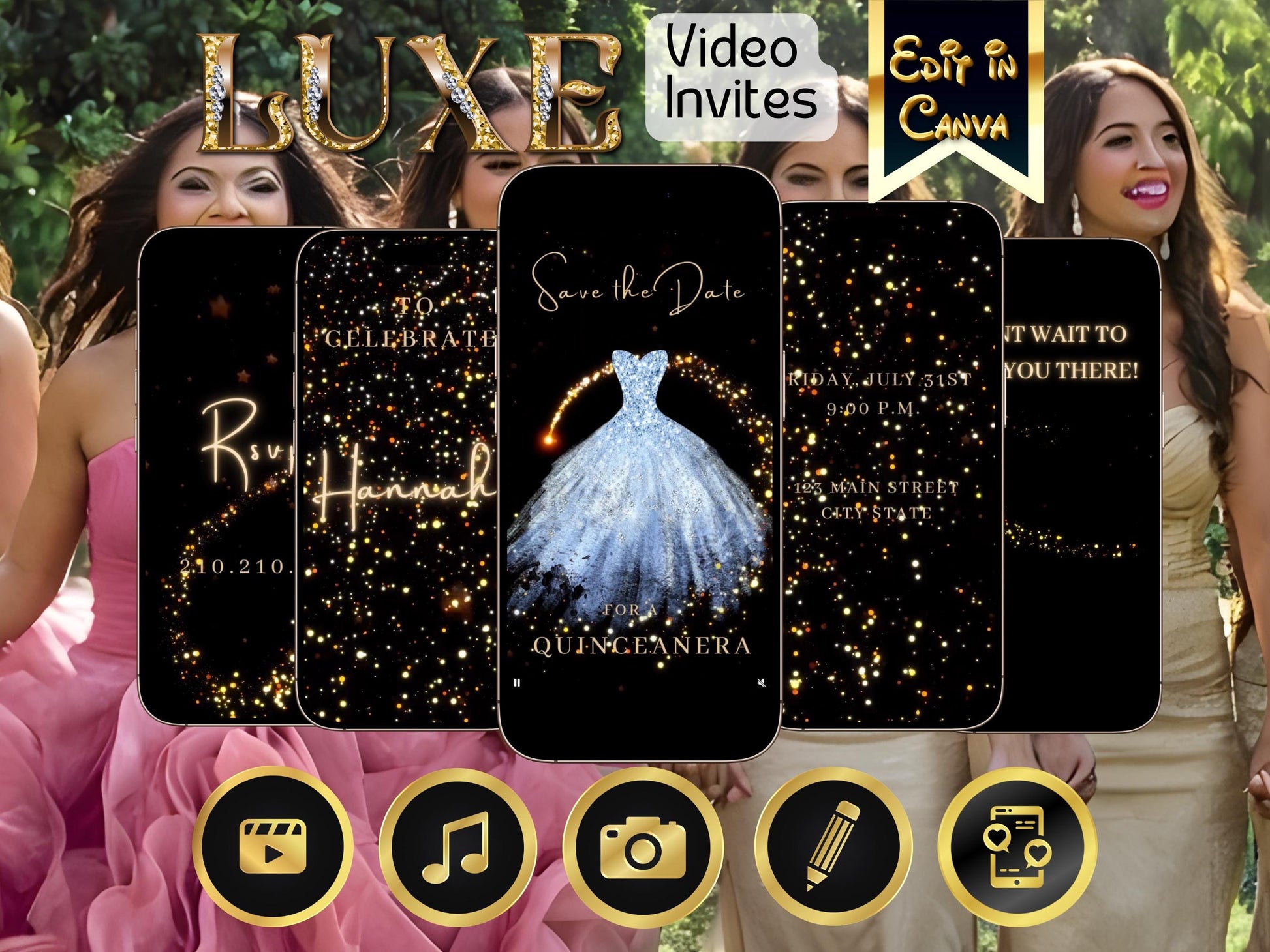 Editable Quinceañera invitation video template designed for mobile phones. Includes animated text, music, and photo customization. Perfect for Sweet 15 or Sweet 16 birthdays. Share instantly via text, WhatsApp, email, or social media. A beautiful, stunning design ideal for modern celebrations. Delivered as MP4 download—no physical item.