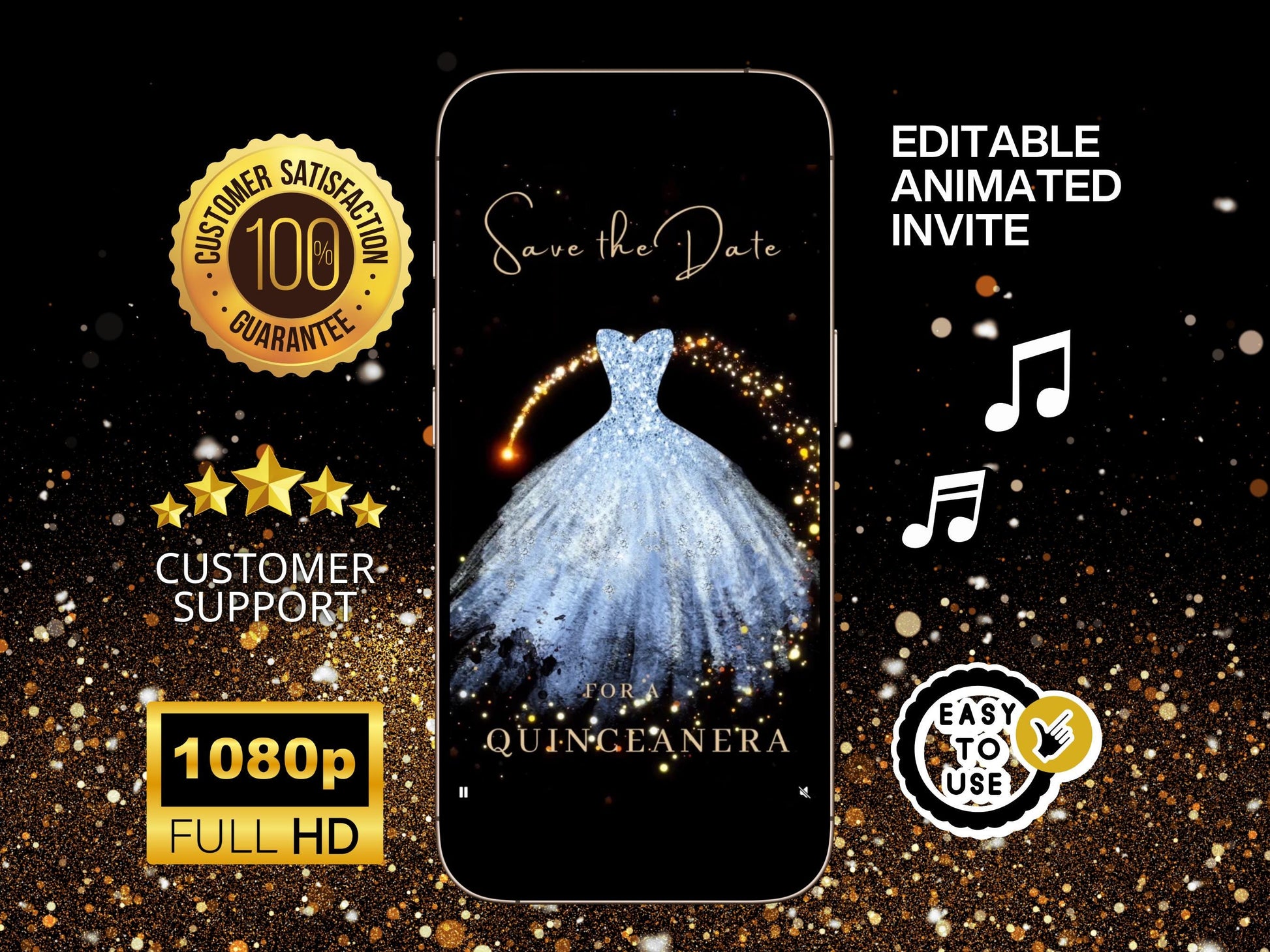 Editable Quinceañera invitation video template designed for mobile phones. Includes animated text, music, and photo customization. Perfect for Sweet 15 or Sweet 16 birthdays. Share instantly via text, WhatsApp, email, or social media. A beautiful, stunning design ideal for modern celebrations. Delivered as MP4 download—no physical item.