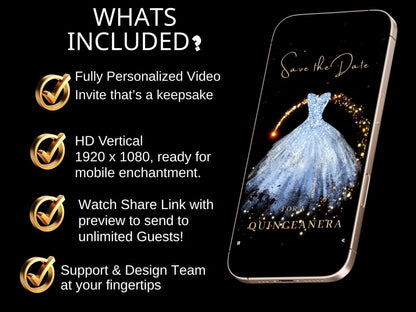 Editable Quinceañera invitation video template designed for mobile phones. Includes animated text, music, and photo customization. Perfect for Sweet 15 or Sweet 16 birthdays. Share instantly via text, WhatsApp, email, or social media. A beautiful, stunning design ideal for modern celebrations. Delivered as MP4 download—no physical item.