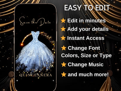 Editable Quinceañera invitation video template designed for mobile phones. Includes animated text, music, and photo customization. Perfect for Sweet 15 or Sweet 16 birthdays. Share instantly via text, WhatsApp, email, or social media. A beautiful, stunning design ideal for modern celebrations. Delivered as MP4 download—no physical item.