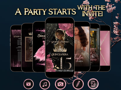 Editable Quinceañera invitation video template designed for mobile phones. Includes animated text, music, and photo customization. Perfect for Sweet 15 or Sweet 16 birthdays. Share instantly via text, WhatsApp, email, or social media. A beautiful, stunning design ideal for modern celebrations. Delivered as MP4 download—no physical item