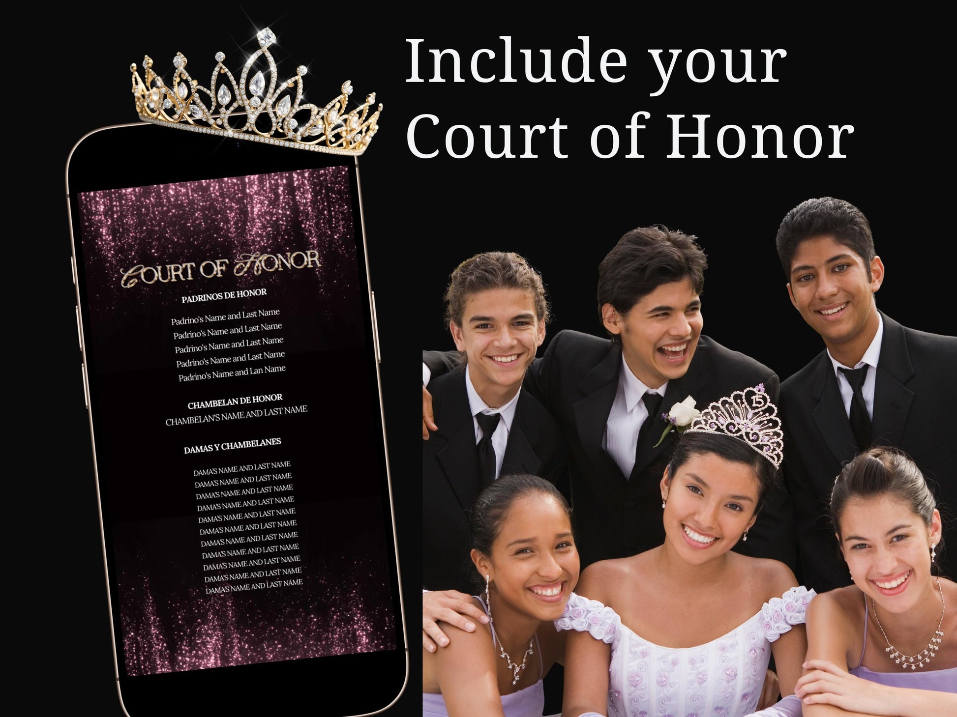 Editable Quinceañera invitation video template designed for mobile phones. Includes animated text, music, and photo customization. Perfect for Sweet 15 or Sweet 16 birthdays. Share instantly via text, WhatsApp, email, or social media. A beautiful, stunning design ideal for modern celebrations. Delivered as MP4 download—no physical item