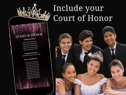 Editable Quinceañera invitation video template designed for mobile phones. Includes animated text, music, and photo customization. Perfect for Sweet 15 or Sweet 16 birthdays. Share instantly via text, WhatsApp, email, or social media. A beautiful, stunning design ideal for modern celebrations. Delivered as MP4 download—no physical item