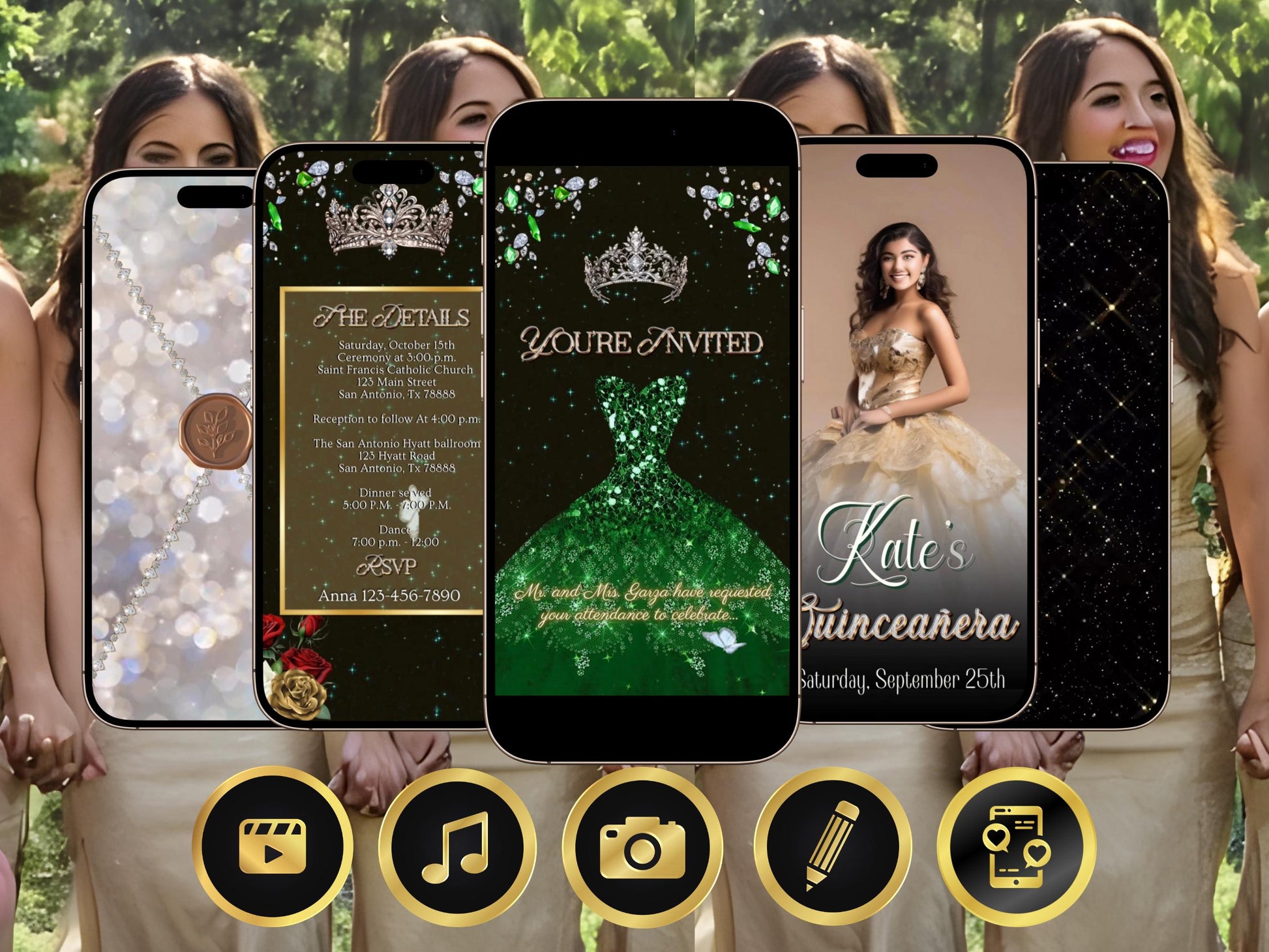 Editable Quinceañera invitation video template designed for mobile phones. Includes animated text, music, and photo customization. Perfect for Sweet 15 or Sweet 16 birthdays. Share instantly via text, WhatsApp, email, or social media. A beautiful, stunning design ideal for modern celebrations. Delivered as MP4 download—no physical item.
