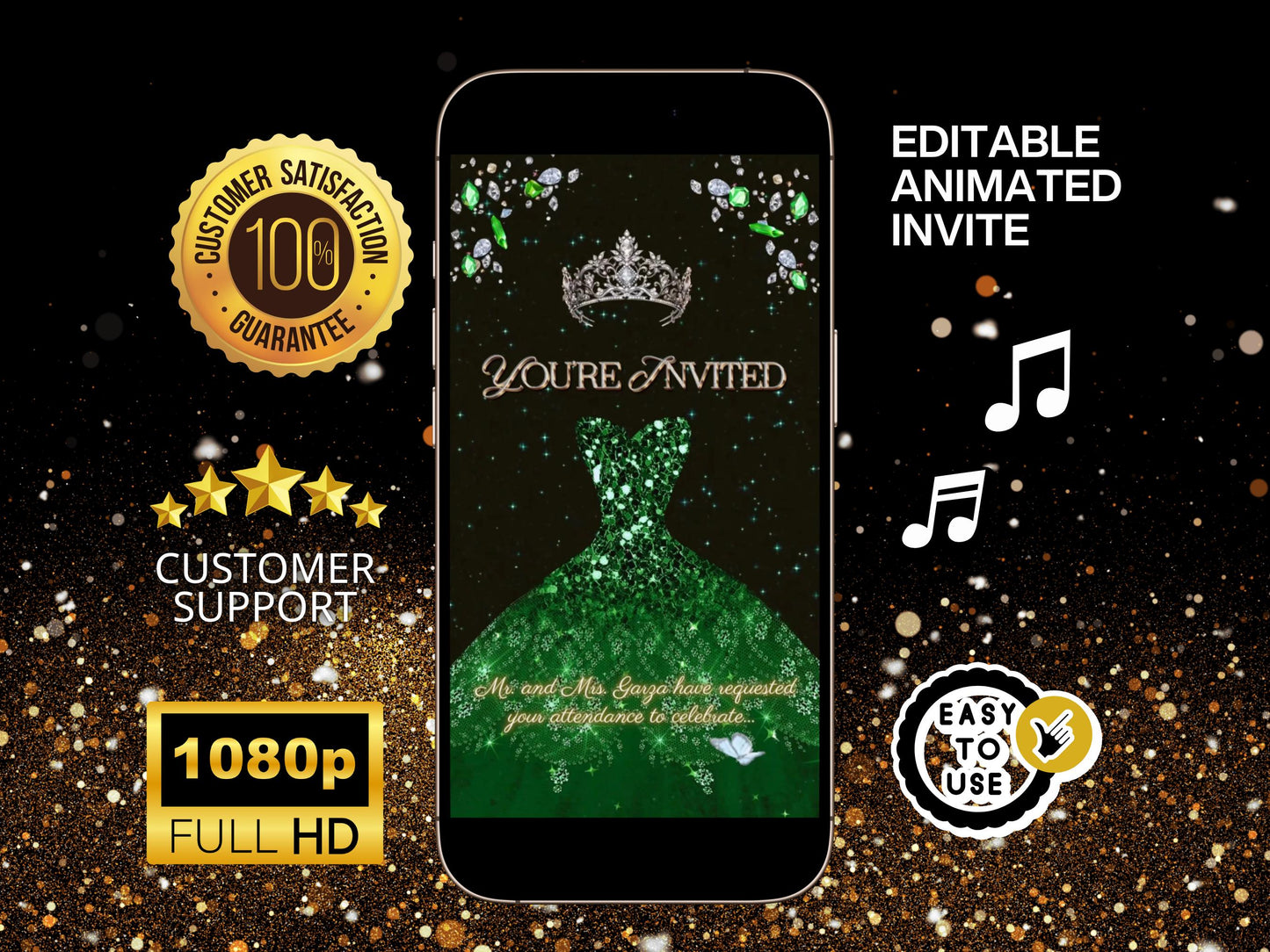 Editable Quinceañera invitation video template designed for mobile phones. Includes animated text, music, and photo customization. Perfect for Sweet 15 or Sweet 16 birthdays. Share instantly via text, WhatsApp, email, or social media. A beautiful, stunning design ideal for modern celebrations. Delivered as MP4 download—no physical item.