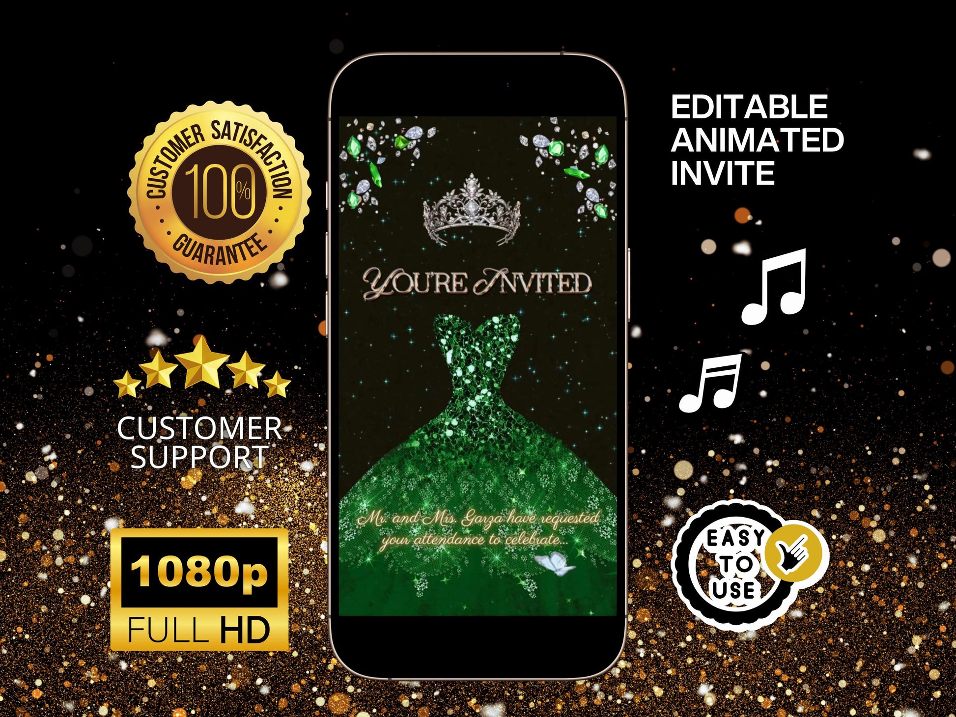 Editable Quinceañera invitation video template designed for mobile phones. Includes animated text, music, and photo customization. Perfect for Sweet 15 or Sweet 16 birthdays. Share instantly via text, WhatsApp, email, or social media. A beautiful, stunning design ideal for modern celebrations. Delivered as MP4 download—no physical item.
