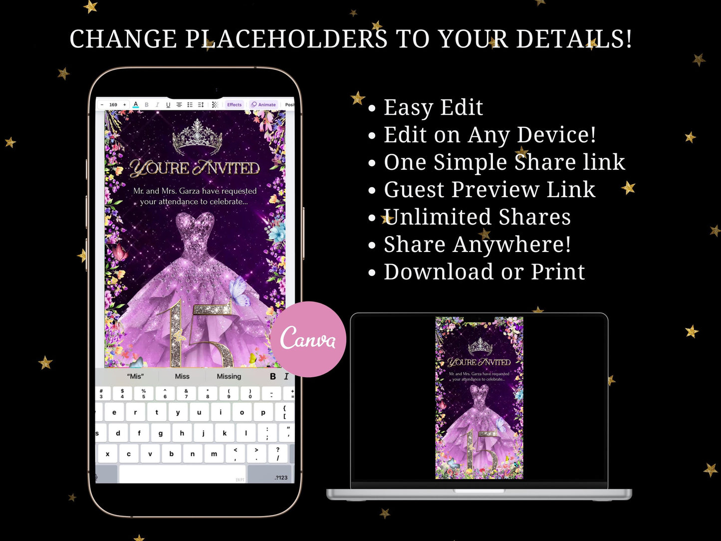 Quinceanera Invitation Video Editable Animated Template for Sweet 15 Birthday Sweet 16 Digital Video Invite Photo and Music