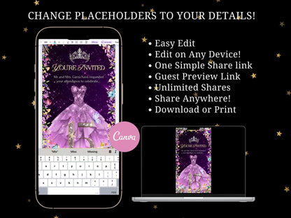 Quinceanera Invitation Video Editable Animated Template for Sweet 15 Birthday Sweet 16 Digital Video Invite Photo and Music