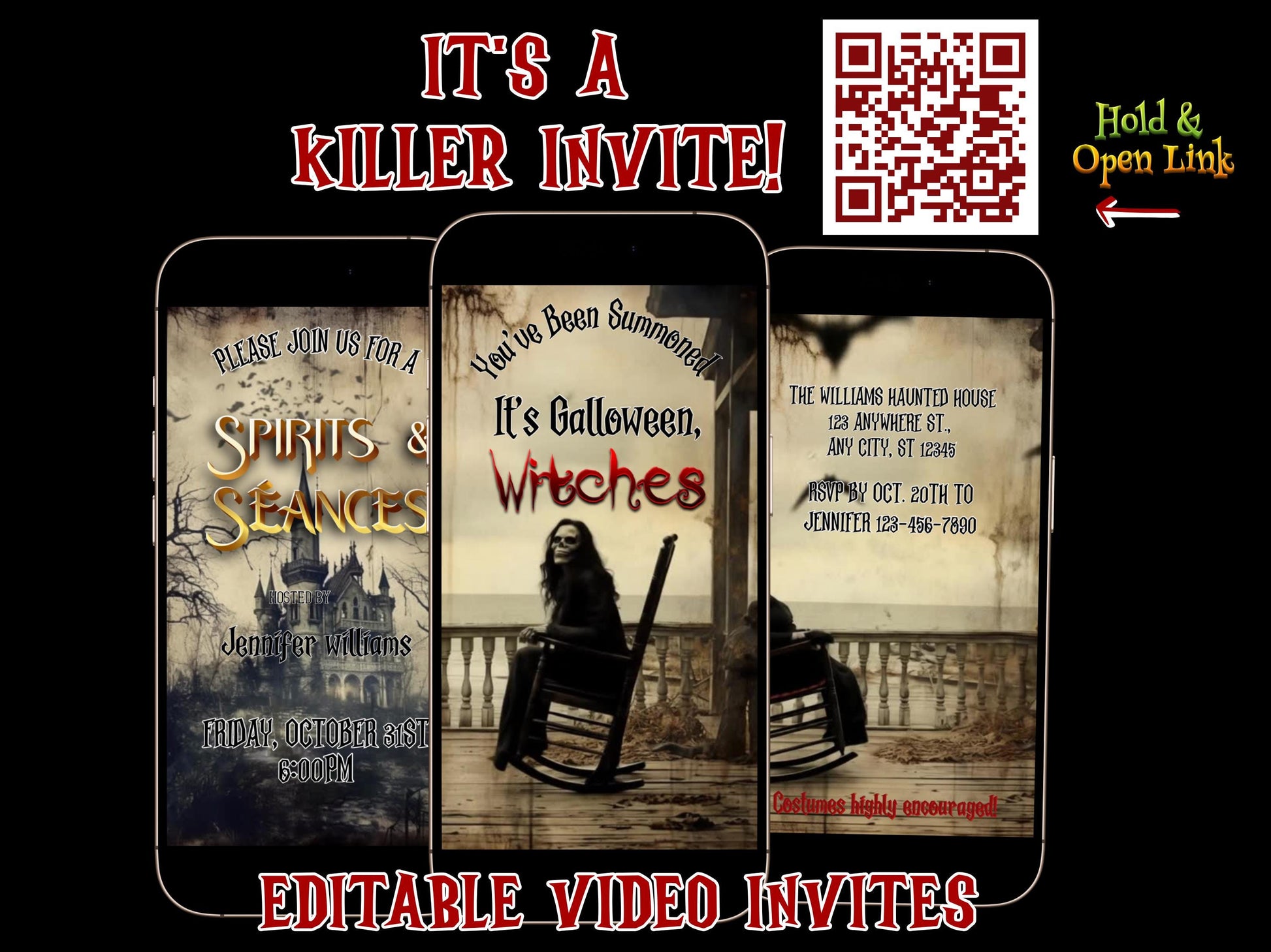 Editable Halloween video invitation with animated theme, customizable in Canva. Perfect for party invites.