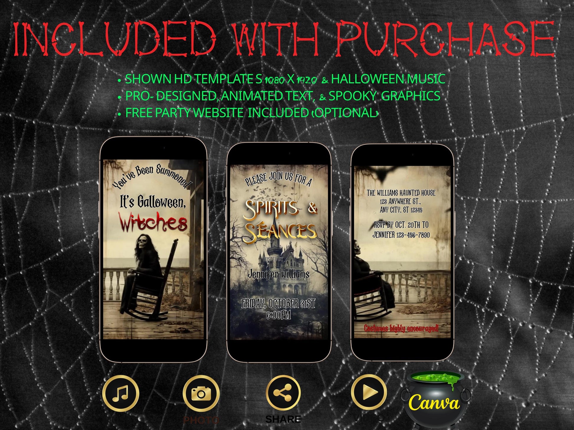 Editable Halloween video invitation with animated theme, customizable in Canva. Perfect for party invites.