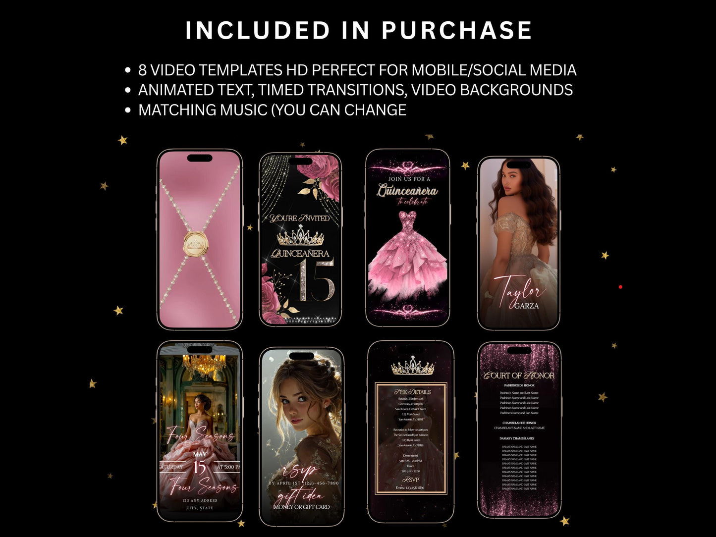 Editable Quinceañera invitation video template designed for mobile phones. Includes animated text, music, and photo customization. Perfect for Sweet 15 or Sweet 16 birthdays. Share instantly via text, WhatsApp, email, or social media. A beautiful, stunning design ideal for modern celebrations. Delivered as MP4 download—no physical item