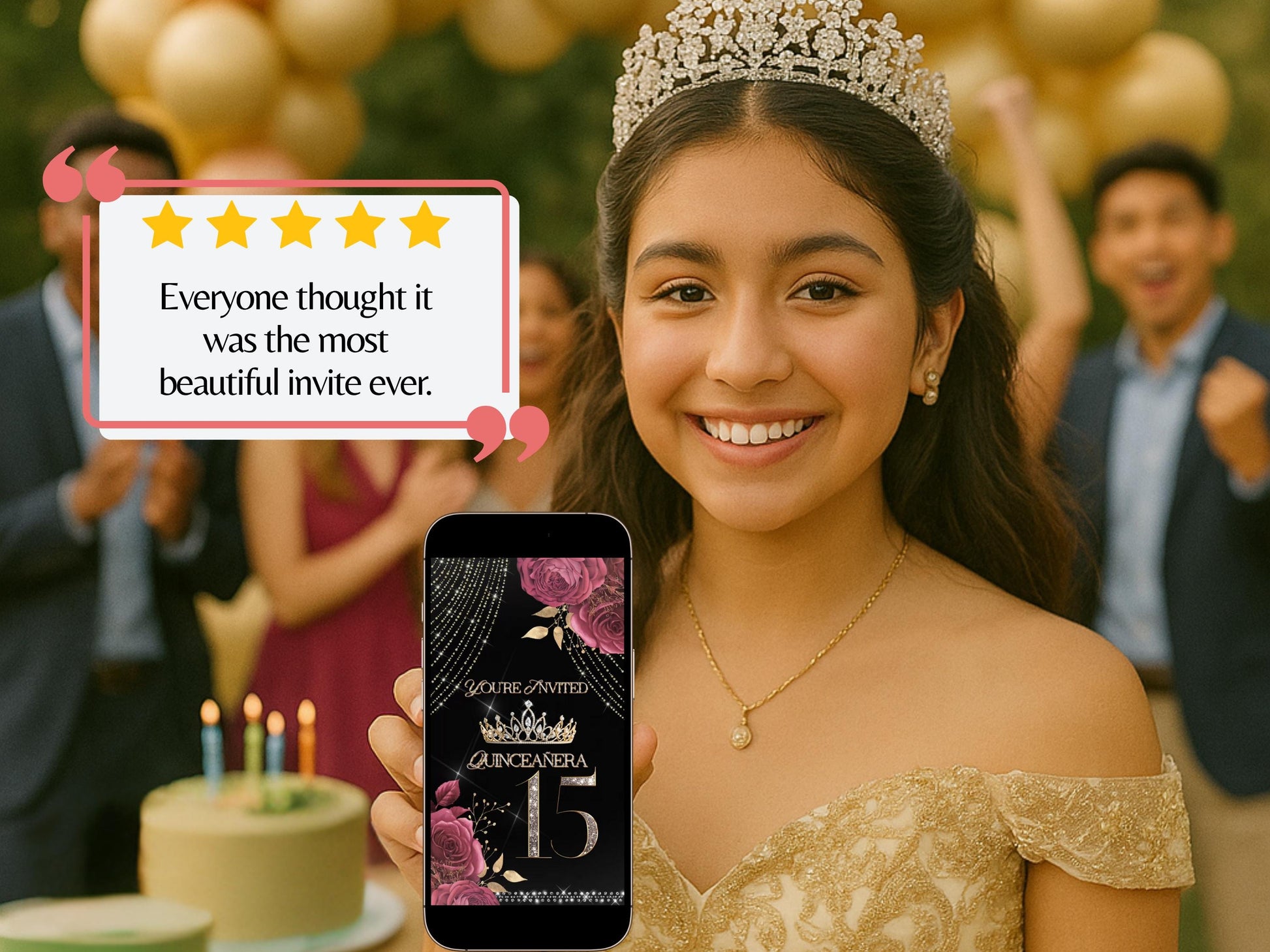 Editable Quinceañera invitation video template designed for mobile phones. Includes animated text, music, and photo customization. Perfect for Sweet 15 or Sweet 16 birthdays. Share instantly via text, WhatsApp, email, or social media. A beautiful, stunning design ideal for modern celebrations. Delivered as MP4 download—no physical item