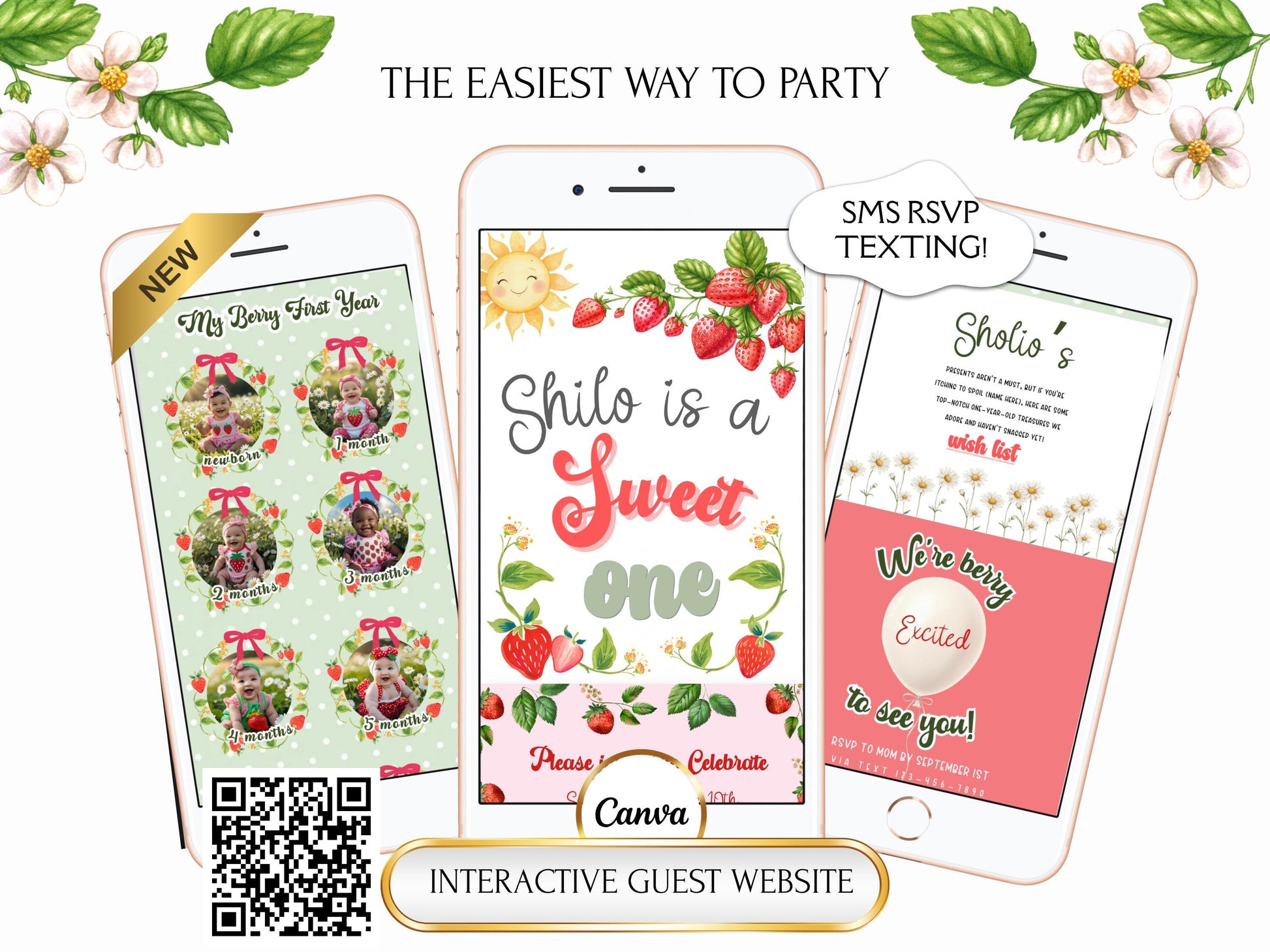 Strawberry rsvp invite featuring mobile-friendly Canva template. Includes personalized “Sweet One” birthday invite, baby’s first-year photo collage, and RSVP website with SMS texting. Editable, instant download, perfect for a girl’s berry-themed first birthday party. Designed with strawberry illustrations, floral accents, and playful fonts.