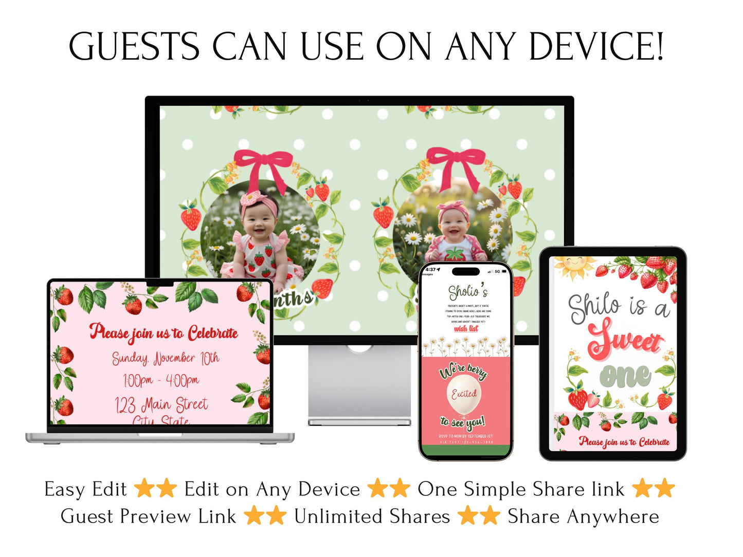 Strawberry rsvp invite featuring mobile-friendly Canva template. Includes personalized “Sweet One” birthday invite, baby’s first-year photo collage, and RSVP website with SMS texting. Editable, instant download, perfect for a girl’s berry-themed first birthday party. Designed with strawberry illustrations, floral accents, and playful fonts.