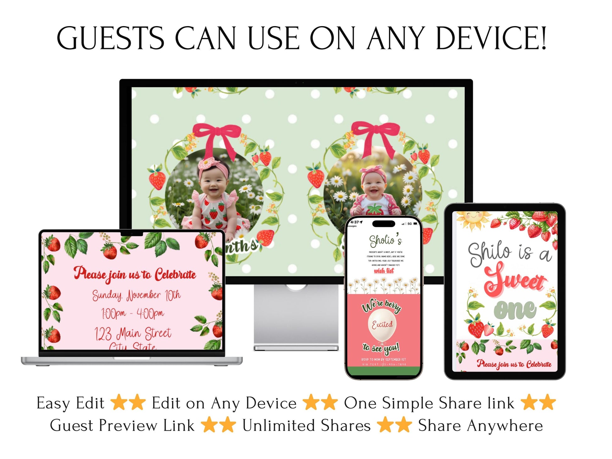 Strawberry rsvp invite featuring mobile-friendly Canva template. Includes personalized “Sweet One” birthday invite, baby’s first-year photo collage, and RSVP website with SMS texting. Editable, instant download, perfect for a girl’s berry-themed first birthday party. Designed with strawberry illustrations, floral accents, and playful fonts.