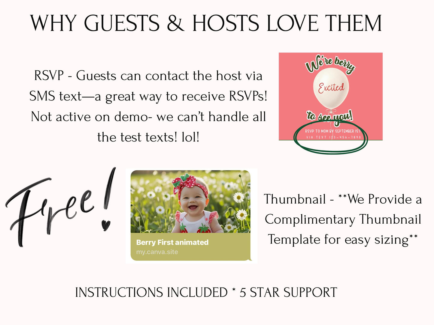 Strawberry rsvp invite featuring mobile-friendly Canva template. Includes personalized “Sweet One” birthday invite, baby’s first-year photo collage, and RSVP website with SMS texting. Editable, instant download, perfect for a girl’s berry-themed first birthday party. Designed with strawberry illustrations, floral accents, and playful fonts.
