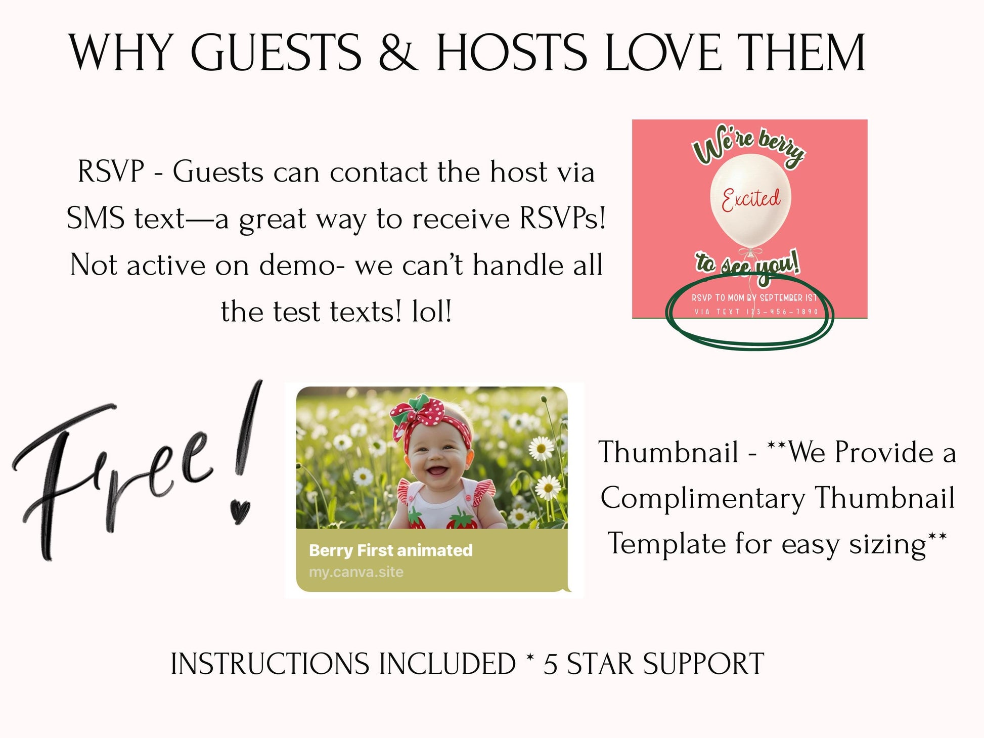 Strawberry rsvp invite featuring mobile-friendly Canva template. Includes personalized “Sweet One” birthday invite, baby’s first-year photo collage, and RSVP website with SMS texting. Editable, instant download, perfect for a girl’s berry-themed first birthday party. Designed with strawberry illustrations, floral accents, and playful fonts.