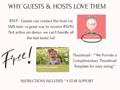 Strawberry rsvp invite featuring mobile-friendly Canva template. Includes personalized “Sweet One” birthday invite, baby’s first-year photo collage, and RSVP website with SMS texting. Editable, instant download, perfect for a girl’s berry-themed first birthday party. Designed with strawberry illustrations, floral accents, and playful fonts.