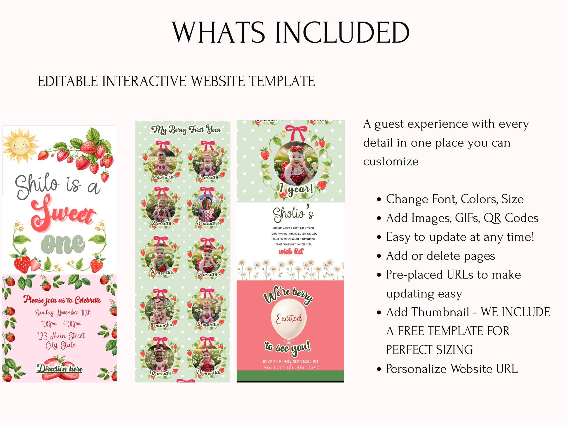 Strawberry rsvp invite featuring mobile-friendly Canva template. Includes personalized “Sweet One” birthday invite, baby’s first-year photo collage, and RSVP website with SMS texting. Editable, instant download, perfect for a girl’s berry-themed first birthday party. Designed with strawberry illustrations, floral accents, and playful fonts.