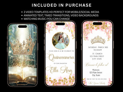 Editable Quinceañera invitation video template designed for mobile phones. Includes animated text, music, and photo customization. Perfect for Sweet 15 or Sweet 16 birthdays. Share instantly via text, WhatsApp, email, or social media. A beautiful, stunning design ideal for modern celebrations. Delivered as MP4 download—no physical item.