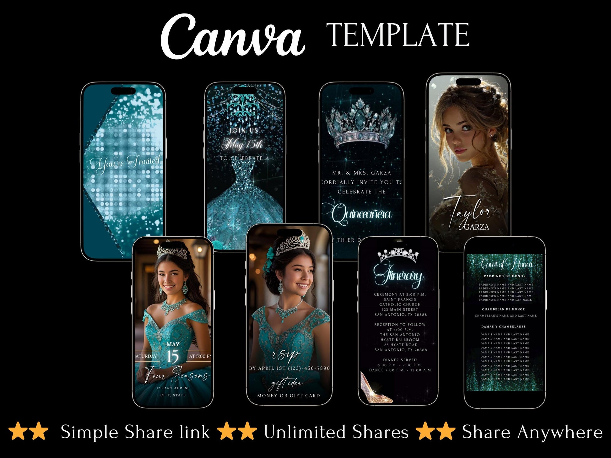 Editable Quinceañera invitation video template designed for mobile phones. Includes animated text, music, and photo customization. Perfect for Sweet 15 or Sweet 16 birthdays. Share instantly via text, WhatsApp, email, or social media. A beautiful, stunning design ideal for modern celebrations. Delivered as MP4 download—no physical item