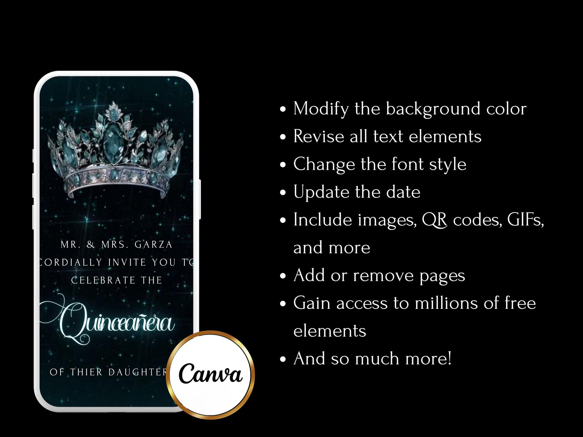 Editable Quinceañera invitation video template designed for mobile phones. Includes animated text, music, and photo customization. Perfect for Sweet 15 or Sweet 16 birthdays. Share instantly via text, WhatsApp, email, or social media. A beautiful, stunning design ideal for modern celebrations. Delivered as MP4 download—no physical item