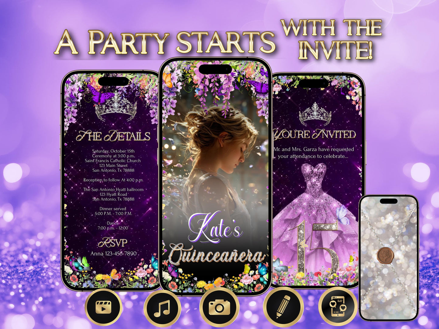 Editable Quinceañera invitation video template designed for mobile phones. Includes animated text, music, and photo customization. Perfect for Sweet 15 or Sweet 16 birthdays. Share instantly via text, WhatsApp, email, or social media. A beautiful, stunning design ideal for modern celebrations. Delivered as MP4 download—no physical item.