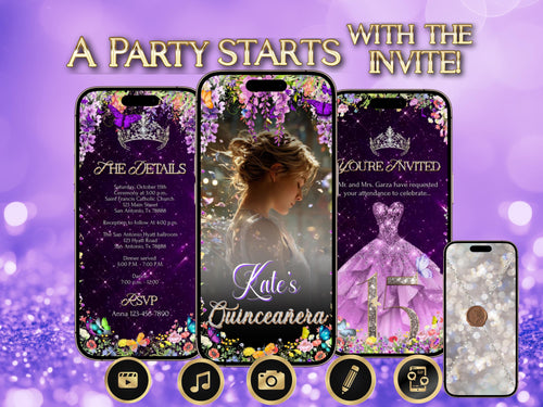 Editable Quinceañera invitation video template designed for mobile phones. Includes animated text, music, and photo customization. Perfect for Sweet 15 or Sweet 16 birthdays. Share instantly via text, WhatsApp, email, or social media. A beautiful, stunning design ideal for modern celebrations. Delivered as MP4 download—no physical item.