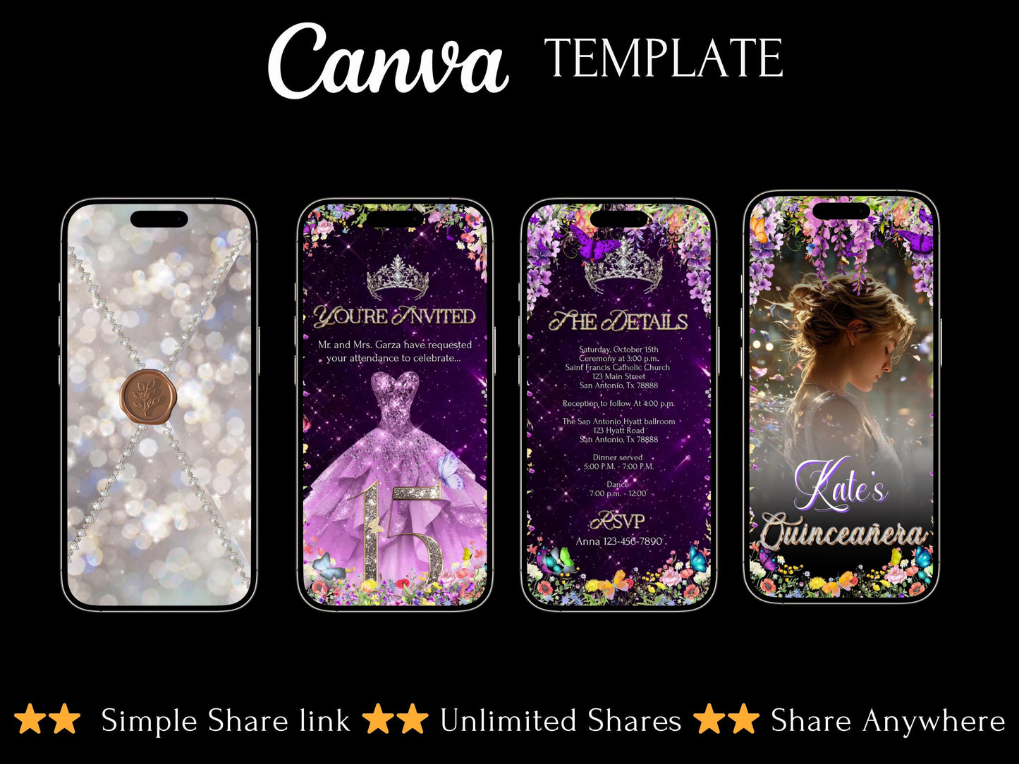 Editable Quinceañera invitation video template designed for mobile phones. Includes animated text, music, and photo customization. Perfect for Sweet 15 or Sweet 16 birthdays. Share instantly via text, WhatsApp, email, or social media. A beautiful, stunning design ideal for modern celebrations. Delivered as MP4 download—no physical item.