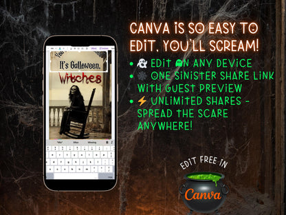 Editable Halloween video invitation with animated theme, customizable in Canva. Perfect for party invites.