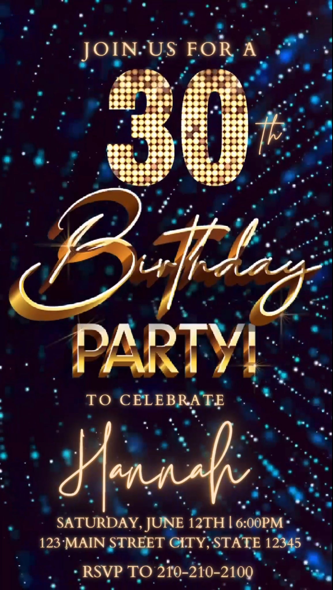 30th Blue Birthday Video Invitation, Blue Glitter Invitation, Any Occasion
