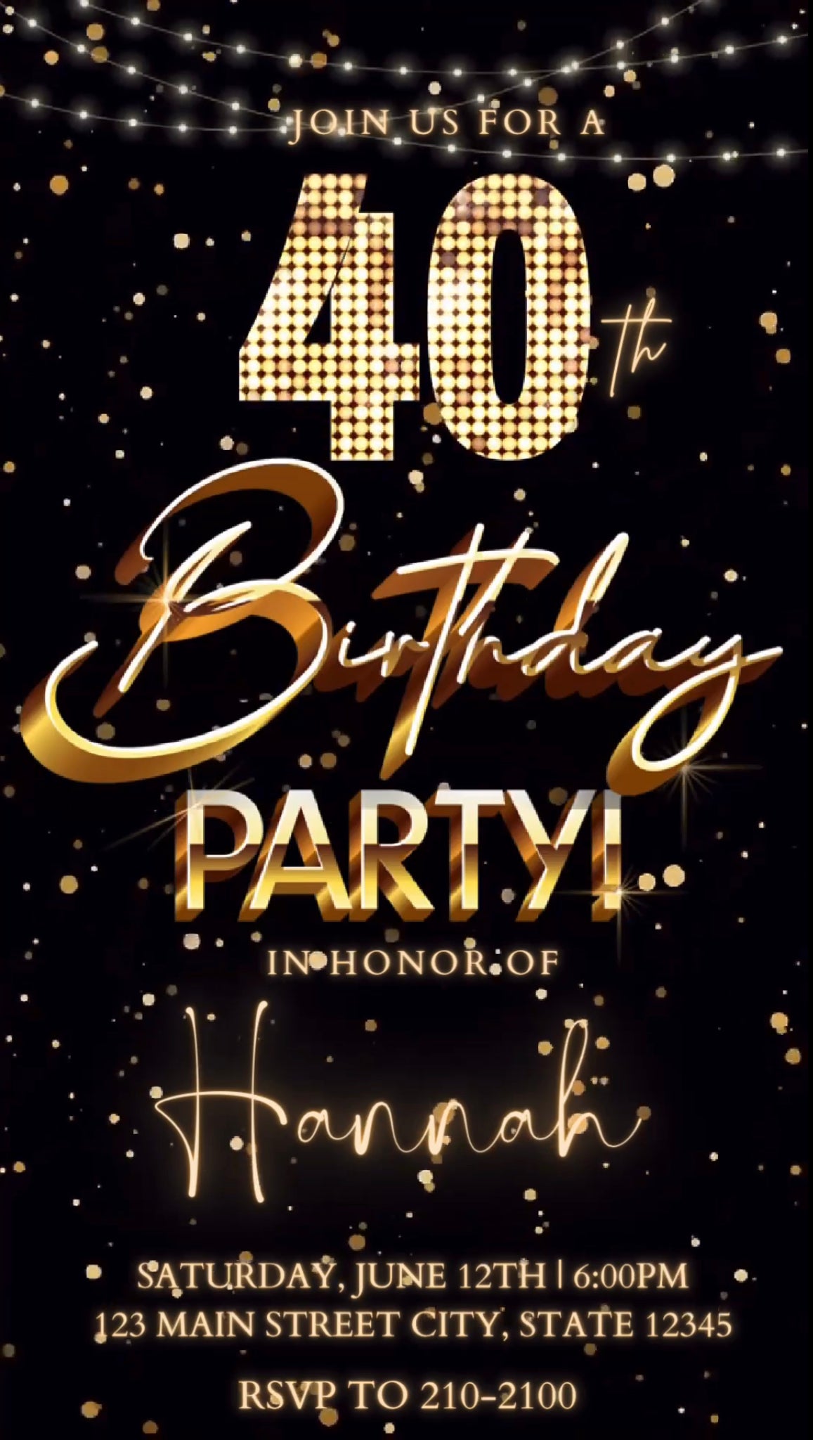40th Birthday Video Invitation, Gold Marquee Invitation
