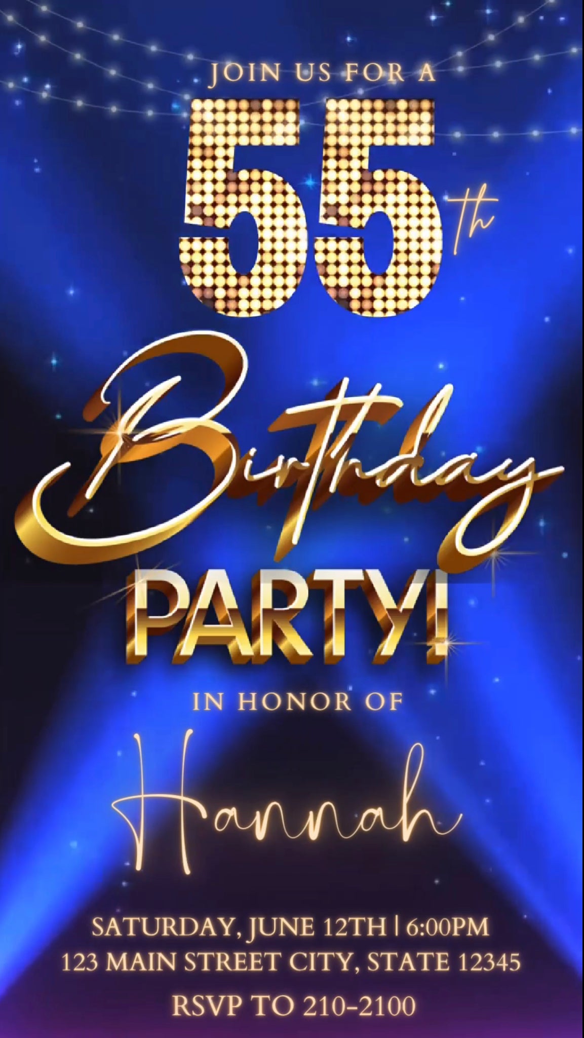 55th Gold Birthday Video Invitation, Movie Glitter Invitation, Any Occasion