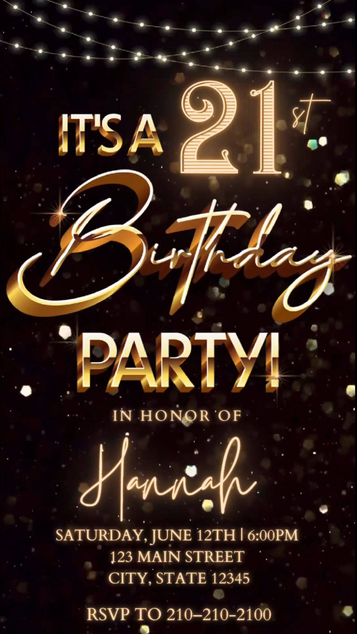 21st Gold Birthday Video Invitation, Gold Glitter Invitation, Any Occasion