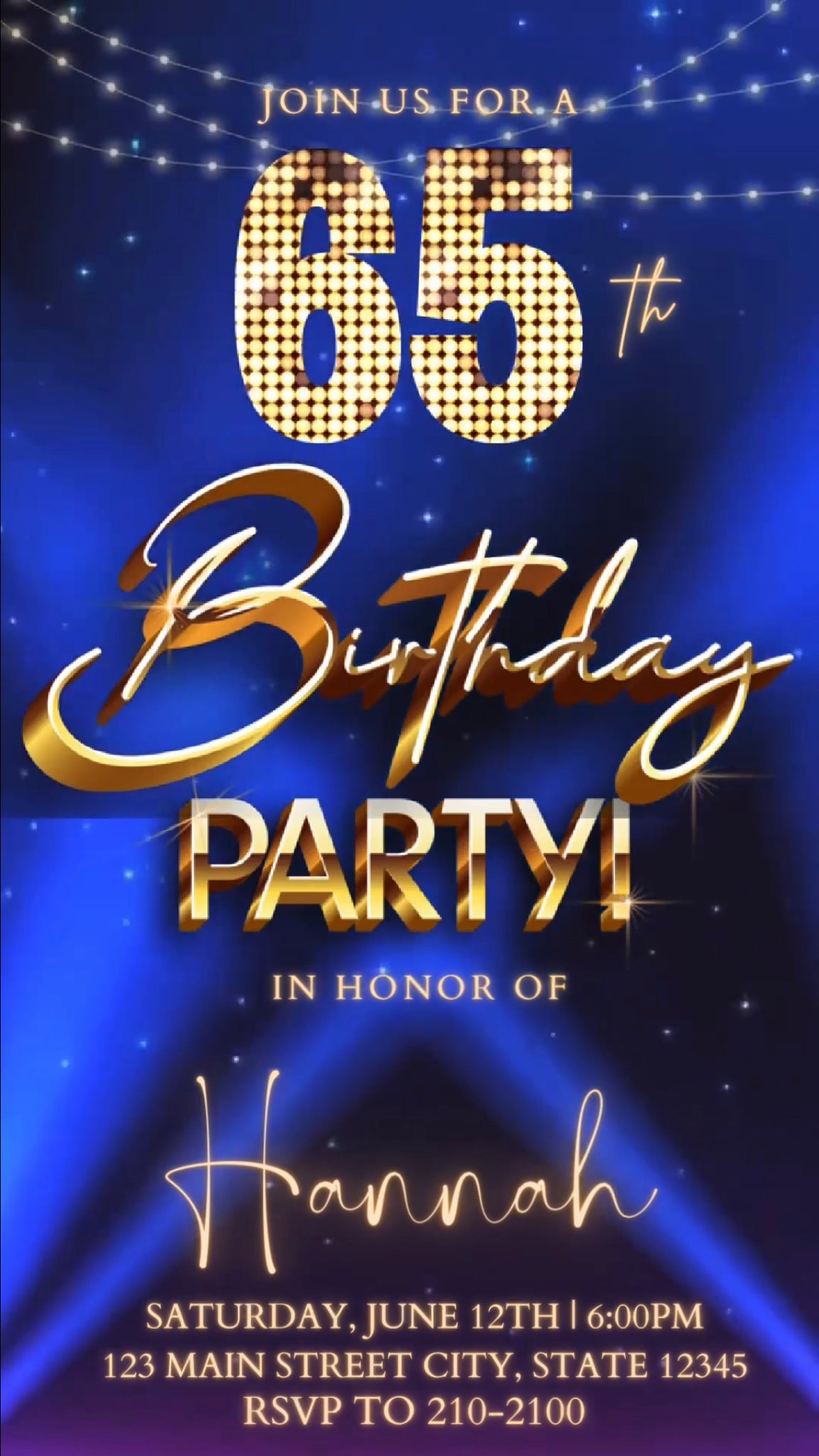 65th Gold Birthday Video Invitation, Movie Glitter Invitation, Any Occasion