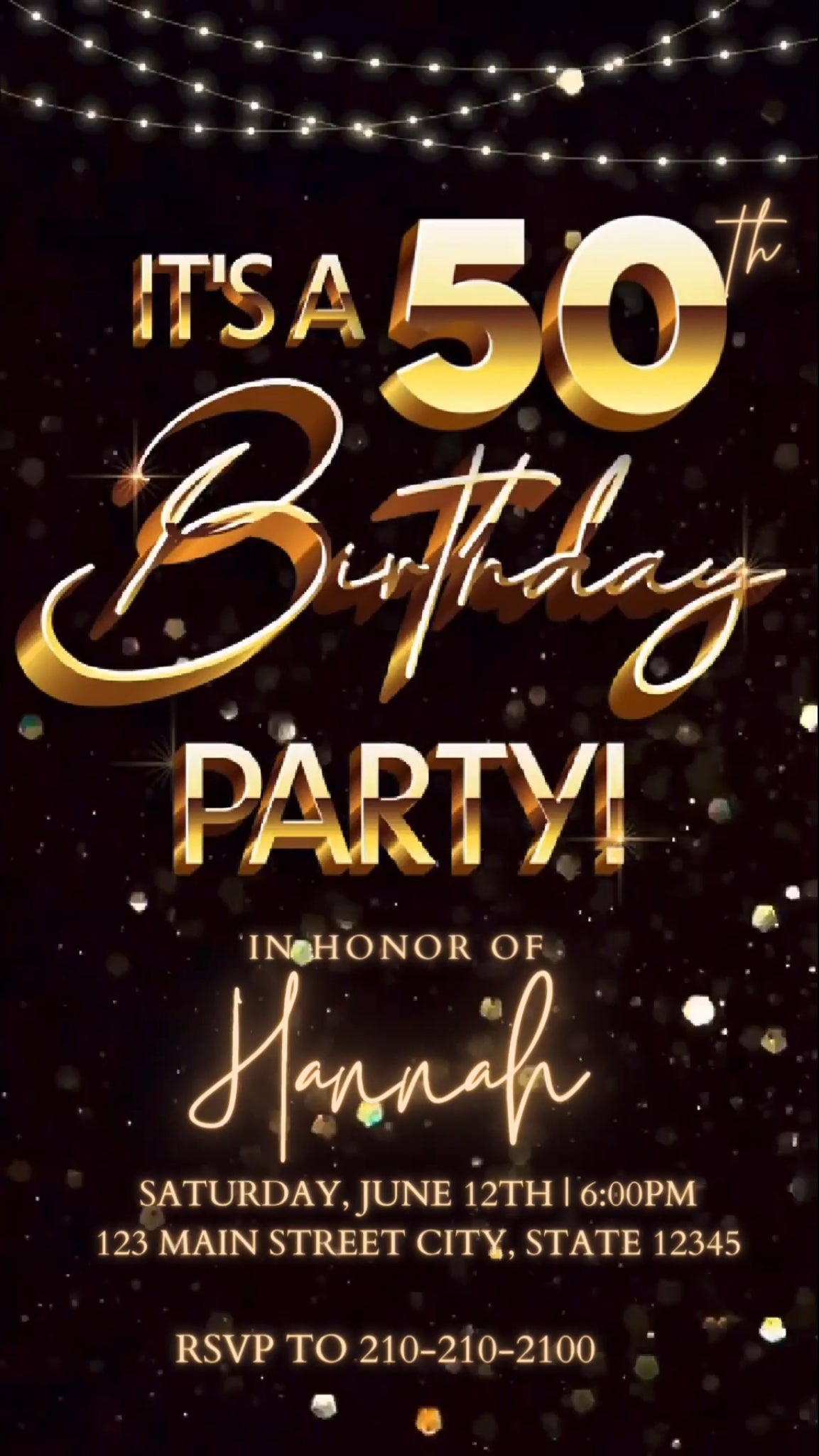 50th Gold Birthday Video Invitation, Gold Glitter Invitation, Any Occasion