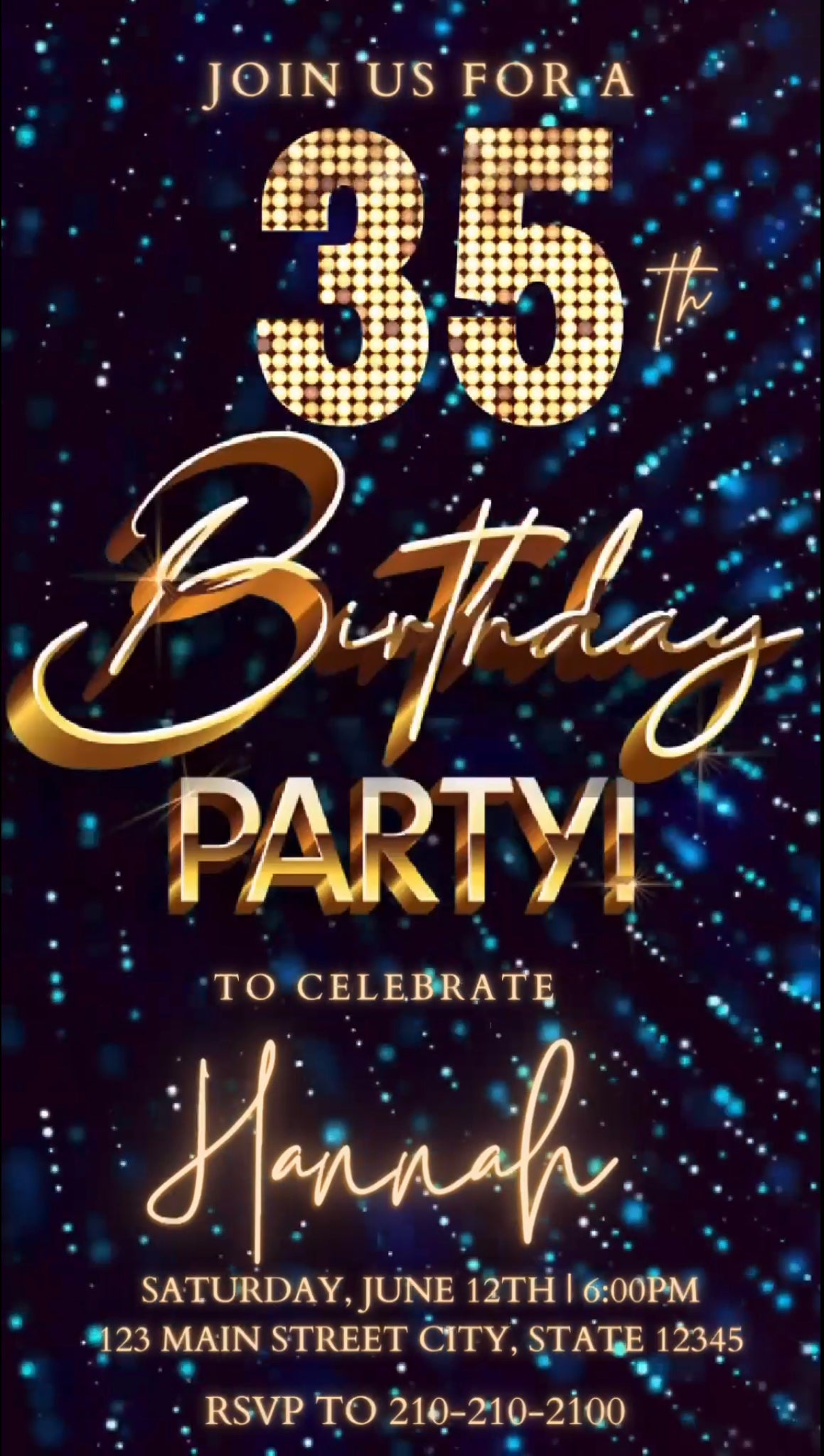 35th Blue Birthday Video Invitation, Blue Glitter Invitation, Any Occasion