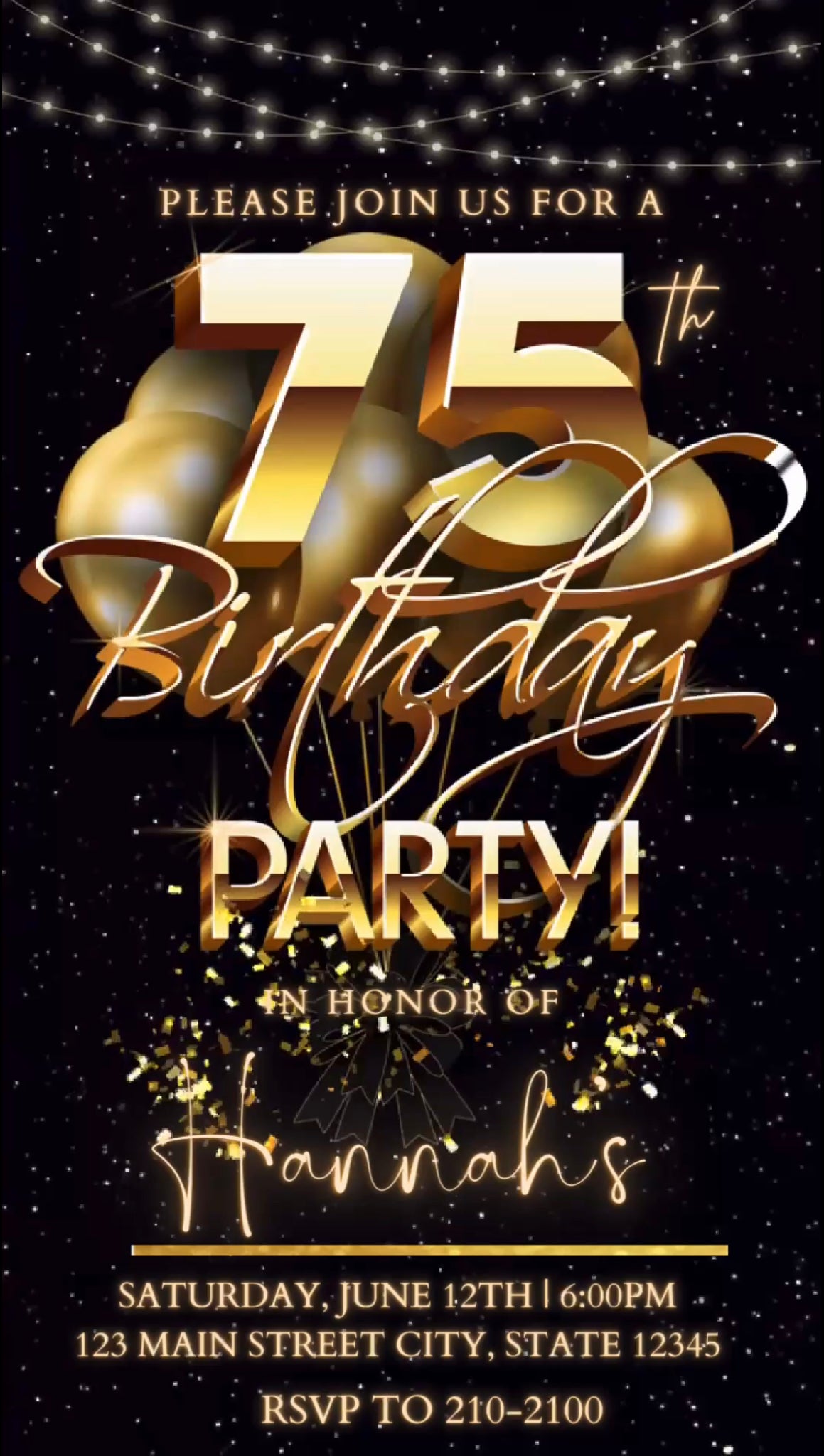 75th Birthday Video Invitation, Gold Balloons Invitation