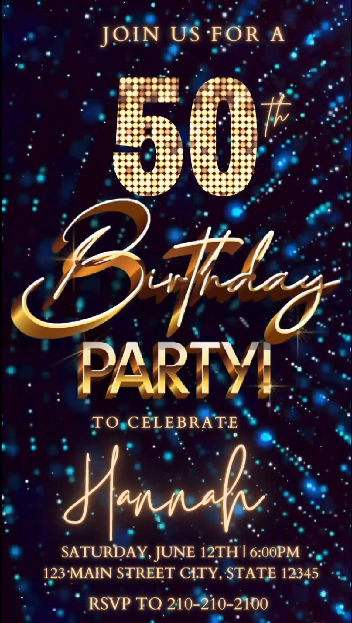 50th Blue Birthday Video Invitation, Blue Glitter Invitation, Any Occasion