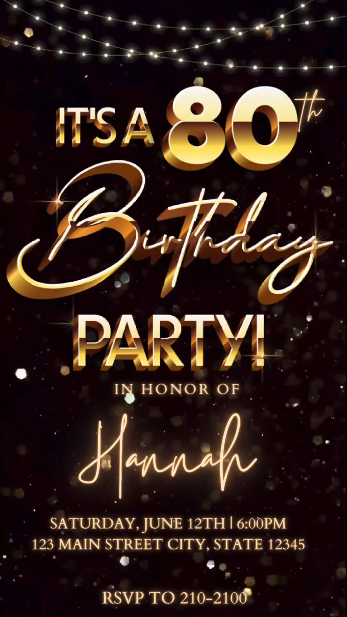 80th Gold Birthday Video Invitation, Gold Glitter Invitation, Any Occasion